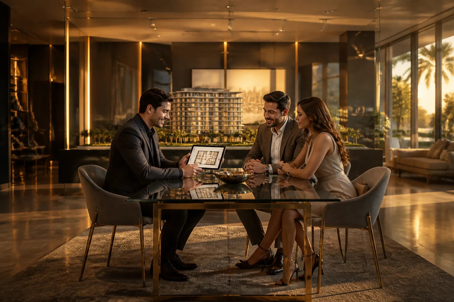 Real estate sales consultant presenting a development project to prospective buyers